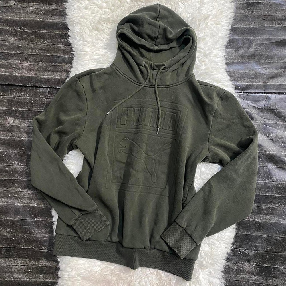 PUMA OLIVE GREEN BIG EMBOSSED LOGO PULLOVER HOODIE SWEATER